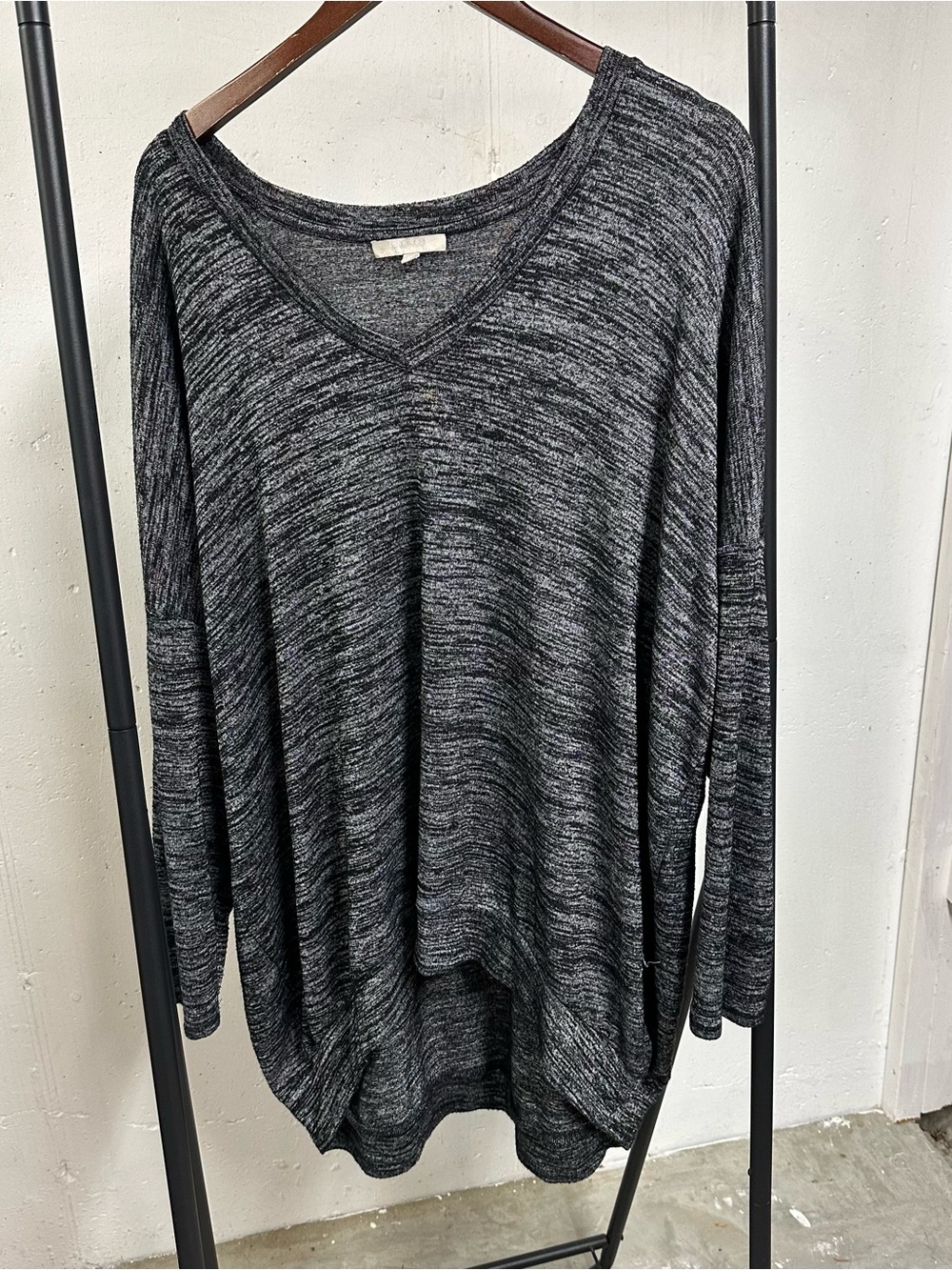 Joan Vass Charcoal Marled V-Neck Long Sleeve Top